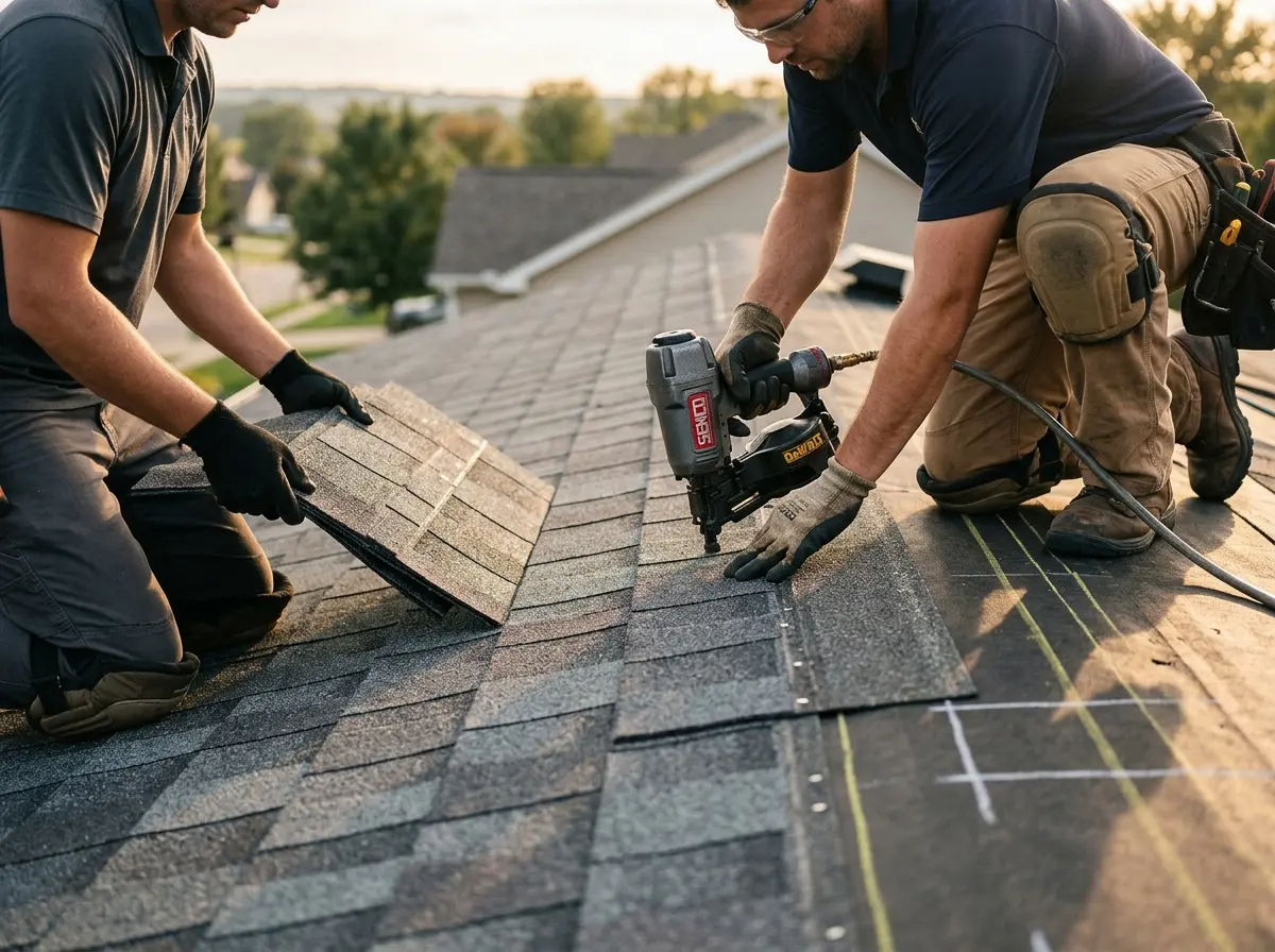 Professional roofer working on a residential roof in Ionia